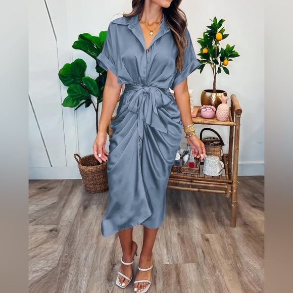 BTFBM 2024 Button Down Ruched Shirt Short Sleeve Lapel VNeck Elegant Satin Dress - Picture 3 of 9